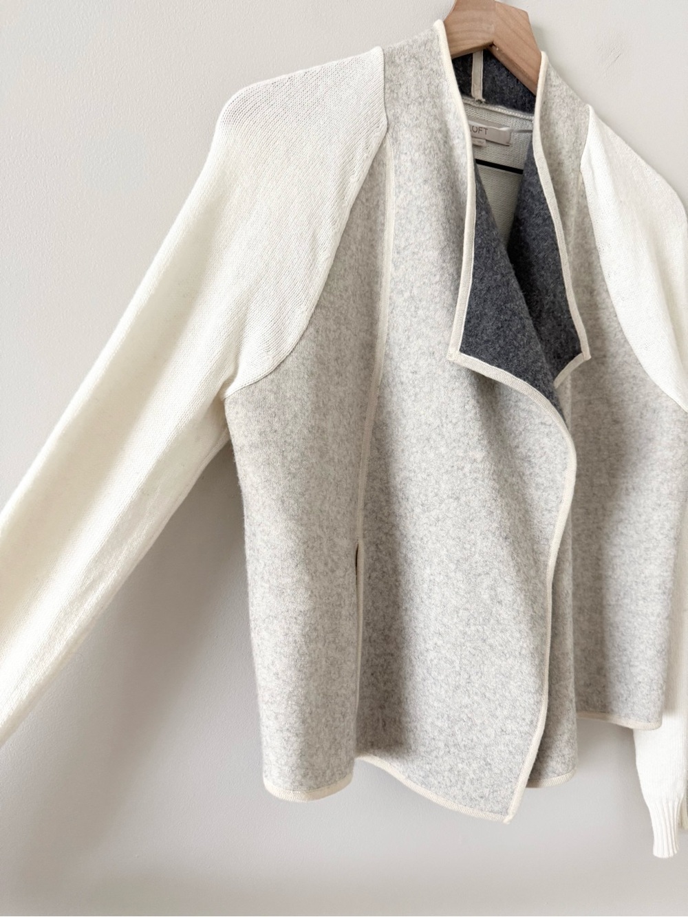 LOFT Two-Tone Open Front Cardigan Jacket Wool Cotton Blend Cream & Light Gray -M - Picture 2 of 6
